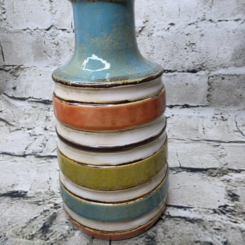 Multi Colored Striped Pottery Bottle Vase Appx 7” Vase Turquoise Coral Green